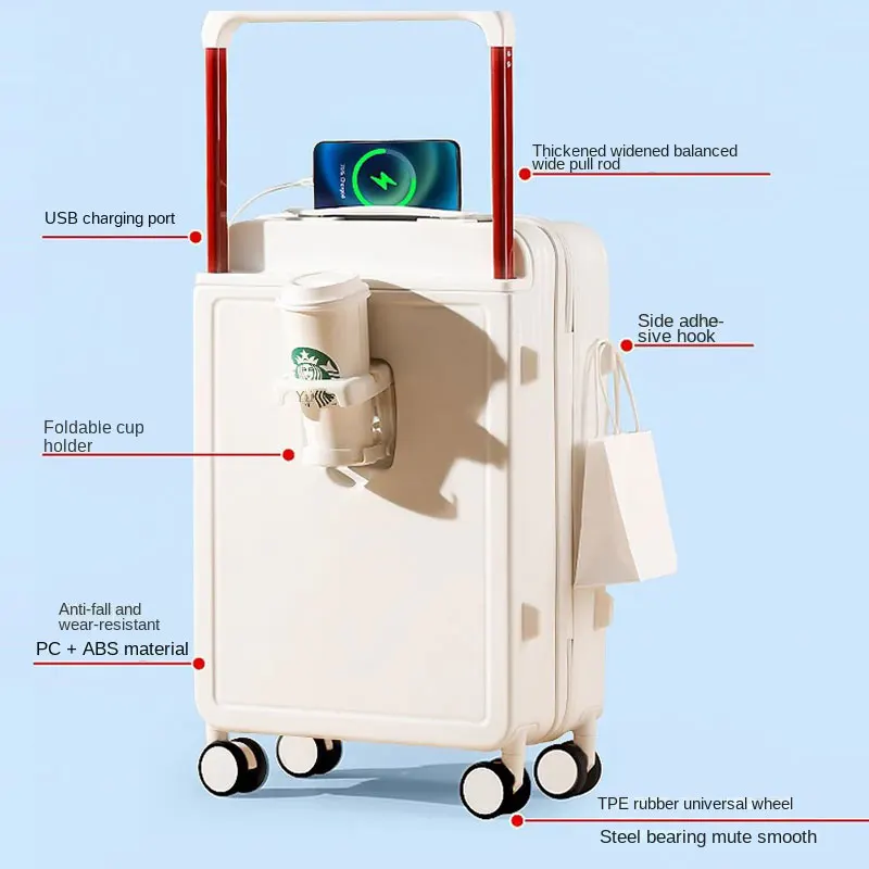 2023 Student Wide Trolley Suitcase External USB Charging Port Foldable Cup Holder Side Hook Boarding Combination Lock Suitcase