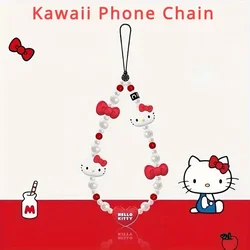 Sanrio New Mobile Phone Hanging Chain Hello Kitty Love Bow Mobile Phone Chain Beaded Chain Jewelry Lanyard Women's Kawaii Gift