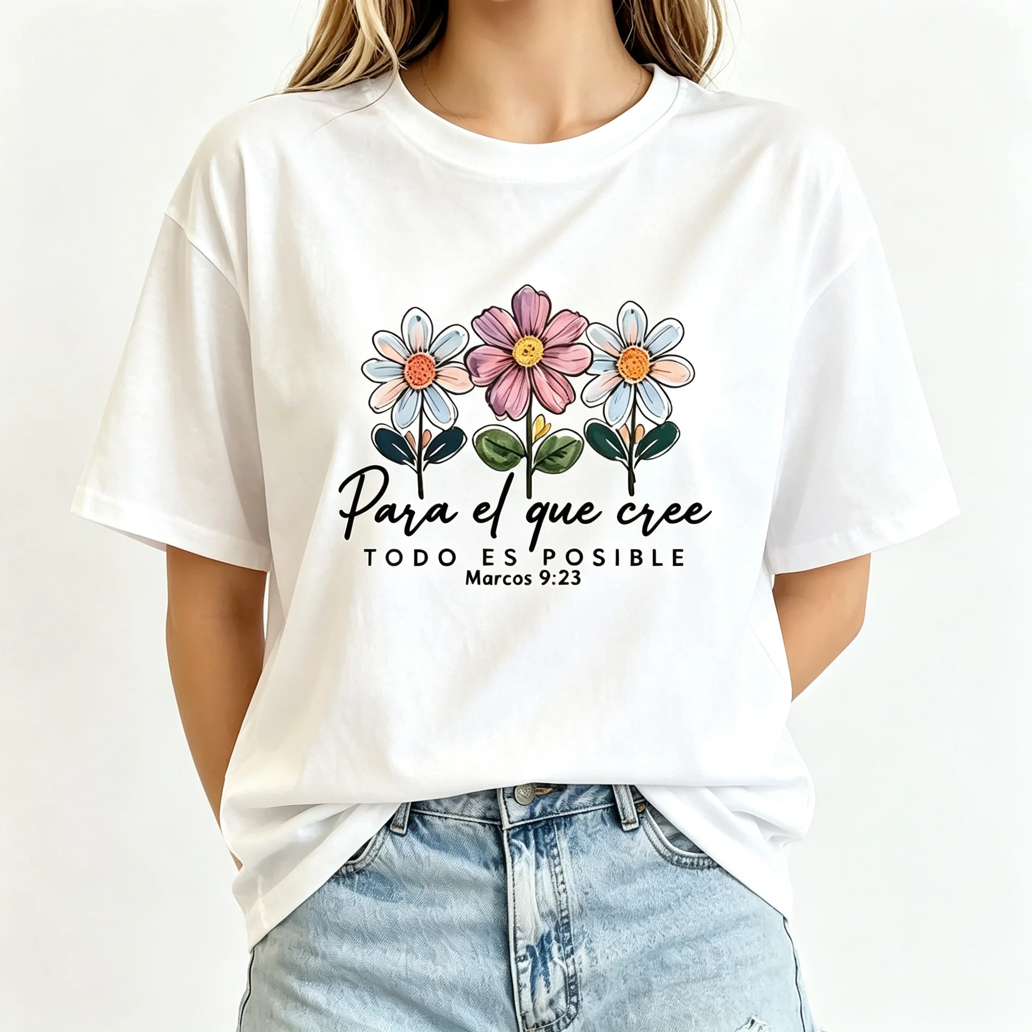 Vintage Boho Floral Bible Verse Graphic Women T-Shirt Spanish Inspirational Words Print Cotton Casual Church Holiday Daily Tops