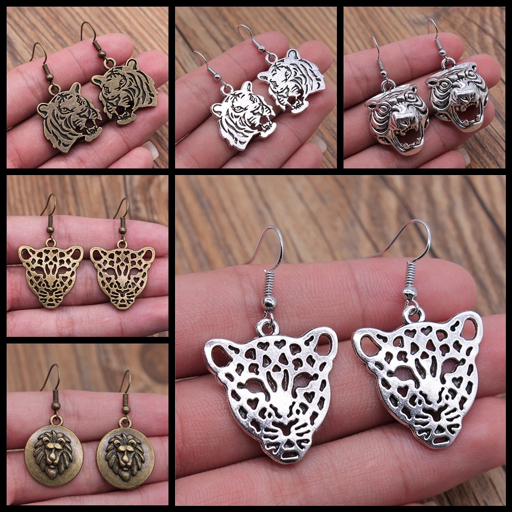 Animal Dangle Earring Vintage Antique Silver Color Antique Bronze Color Tiger Leopard Lion Head Pendant Drop Earrings