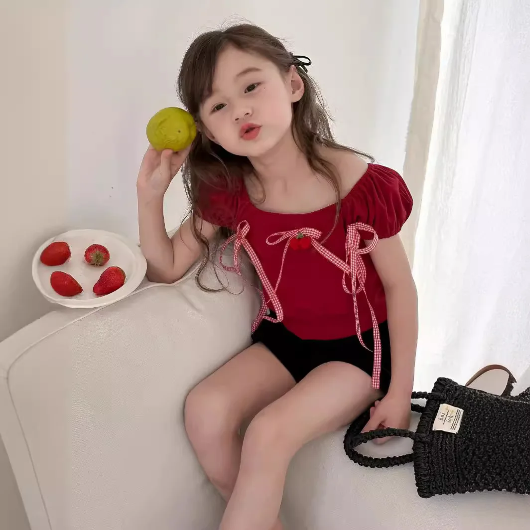 Girl Shirt Korean Style Children Wear 2024 Summer Girl Spice Girl Style Red Cherry T-shirt Girls Treasure Short Bow T-shirt Top