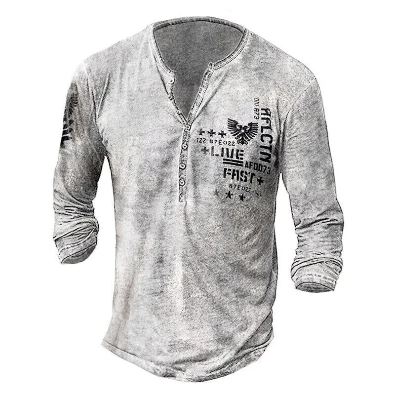 

Men's long sleeved T-shirt vintage Henry shirt Admiral badge 3D printed street comfortable long sleeved shirt