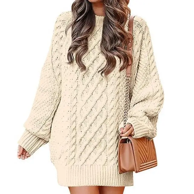 

2023 Round Neck Sleeve Twisted Knitted Thick Needle Pullover Medium Long Sweater Women's Dress