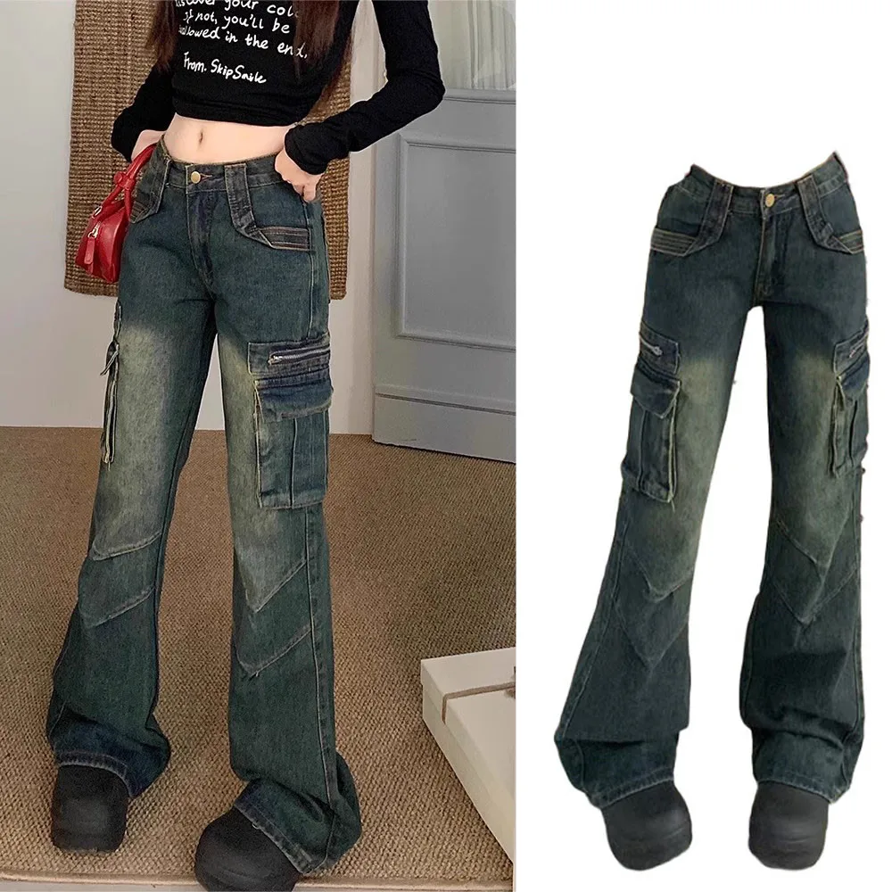 

Ретро джинсы-клеш из денима с эффектом потертости, женские, осенняя новинка, с высокой талией, облегающие, с множеством карманов