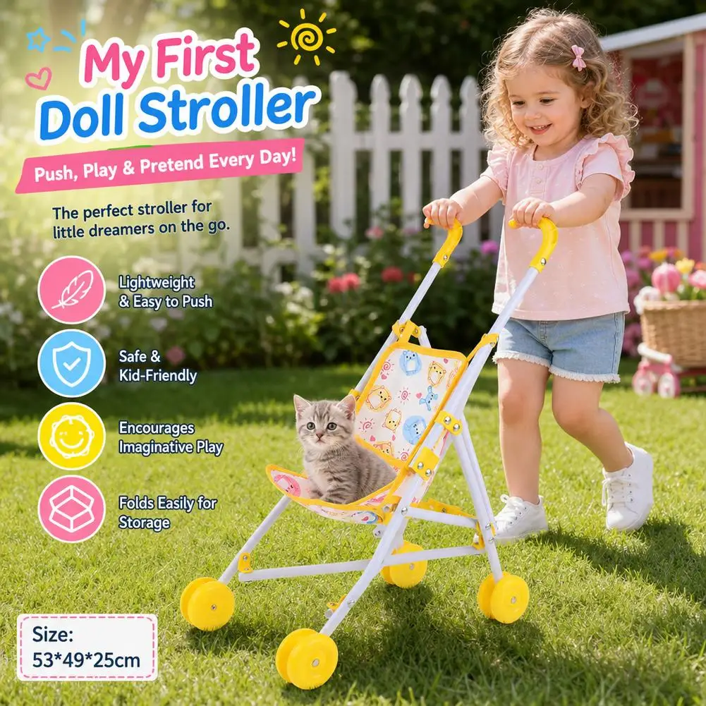 Foldable Doll Stroller Toy Pram Cartoon Pattern Plastic Doll Handcart Interactive Pretend Play Toys For Girls Gift