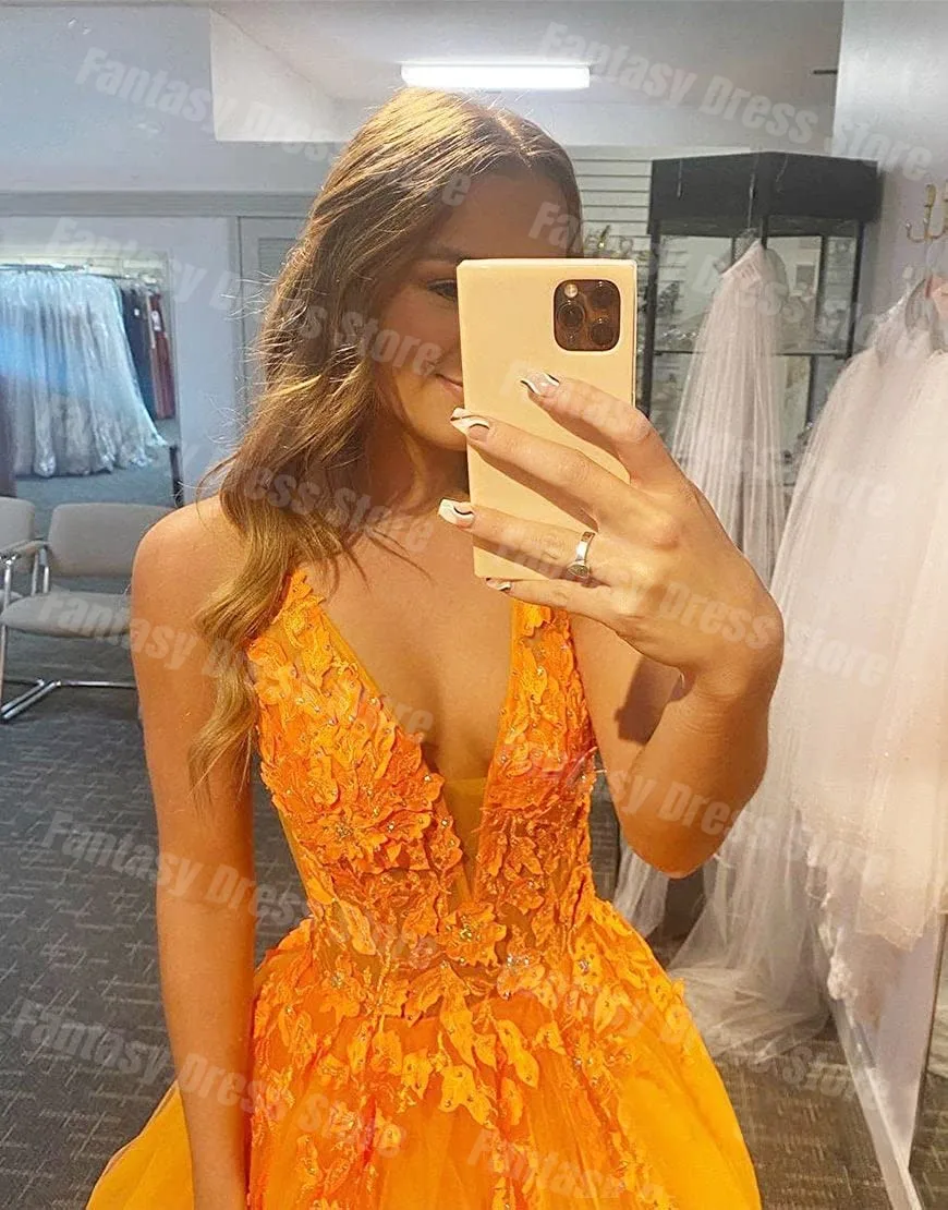 Fantasy Dress Orange Sexy Deep V-Neck 3D Flower Evening Dresses Open Back A-line Tulle Decal Prom Gowns For Women فساتين السهرة