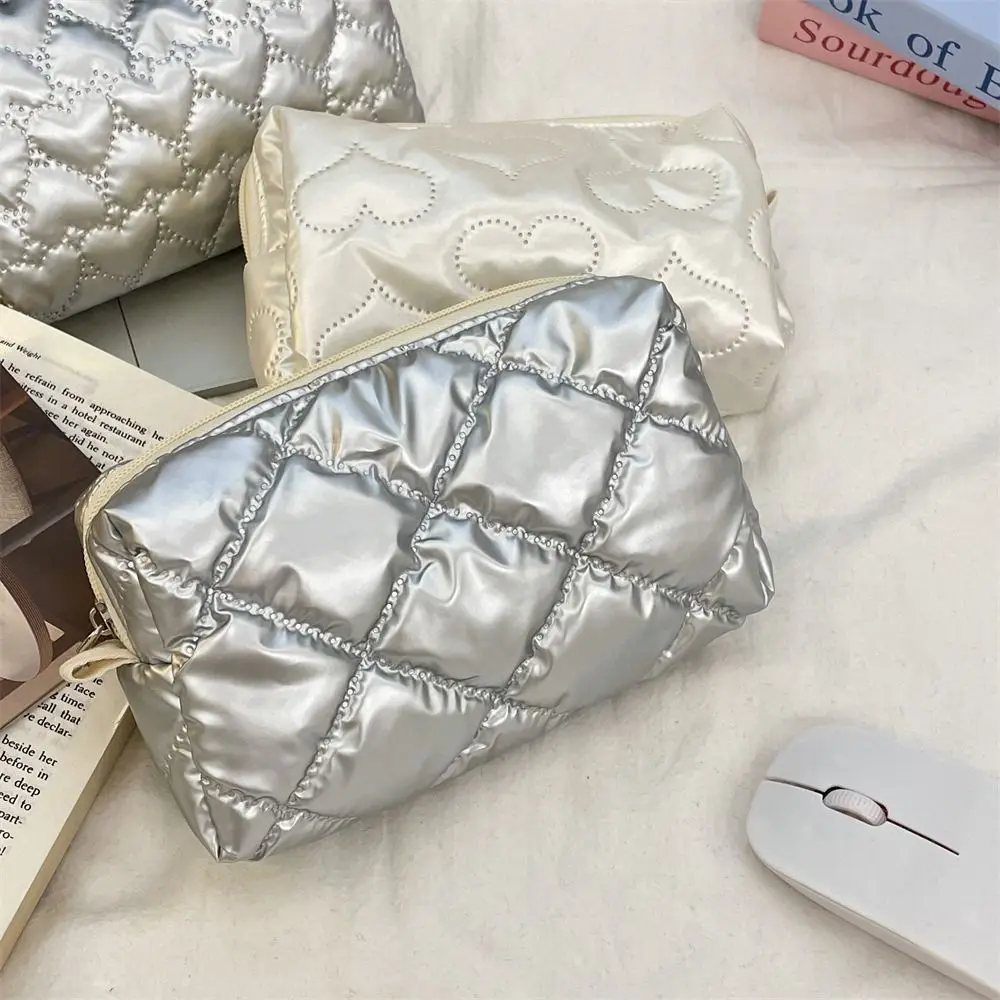 Love Rhombus Shape Silver Cosmetic Bag Korean Style PU Stuffed Cotton Storage Bag Storage Cloth Bag Bow Stationery Bag Women