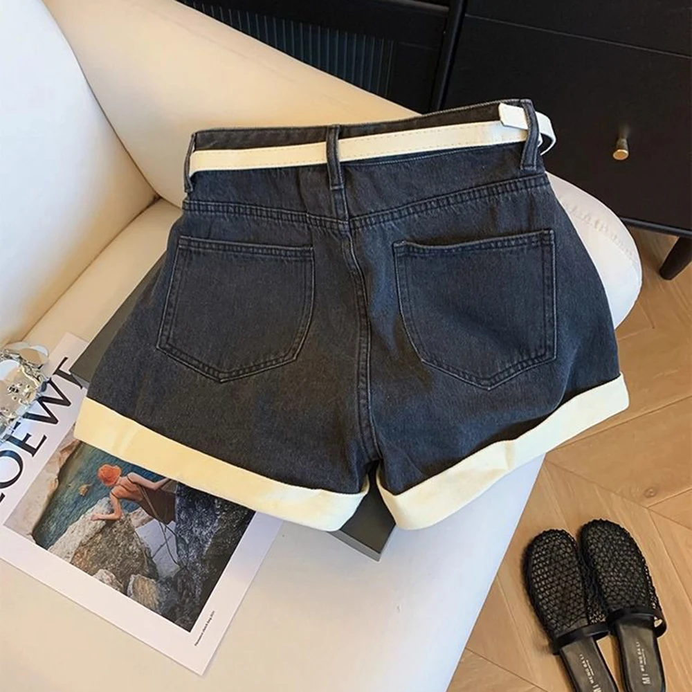 Black A-word crimped denim shorts women's summer 2025 Spice Girls hot pants loose and thin high-waisted pants