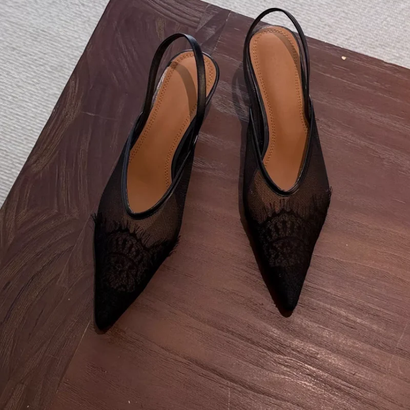 

Mesh Shoes for Ladies Pointed Toes Kitten Heels Back Zippers Female Sandals Sewing Lines Chassure Femme Stitching Zapatos Mujer