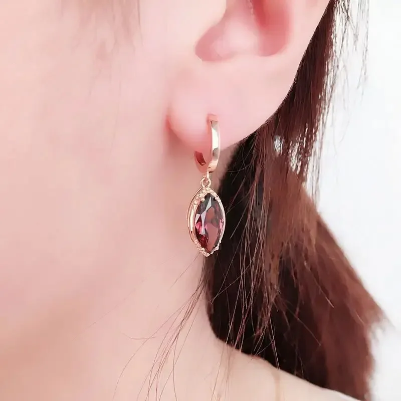 Exquisite New in Marquise Shape Pink Gems Earrings for Women Simple Fashion Copper Plated Rose Golden Earings Jewelry