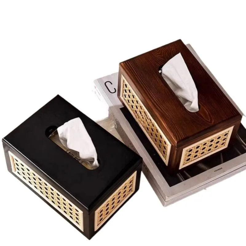 

ABUI-Vintage Japanese Style 304 Stainless Steel Woven Rattan Tissue Box Handcrafted 2Pc