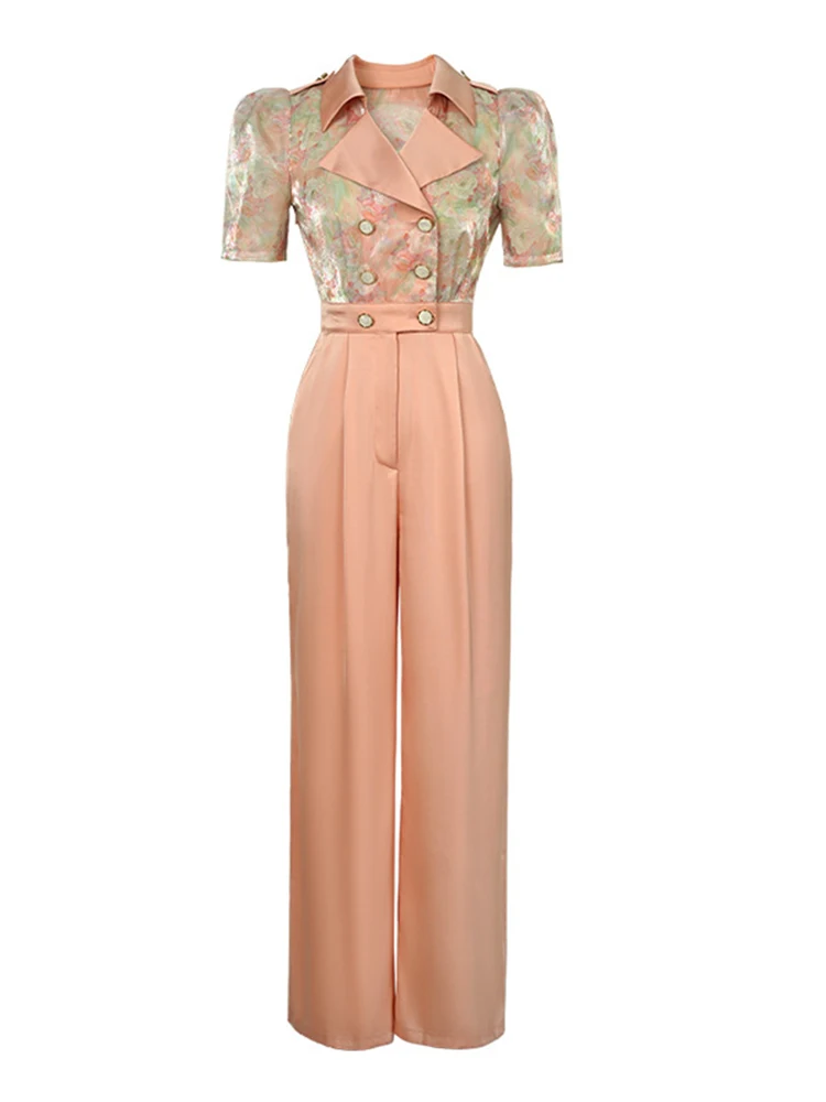 Satin Elegant Office Women Jumpsuits Formal Vintage Floral Puff Sleeve Pocket Party Female Mujer Wide Leg Loose Rompers Summer