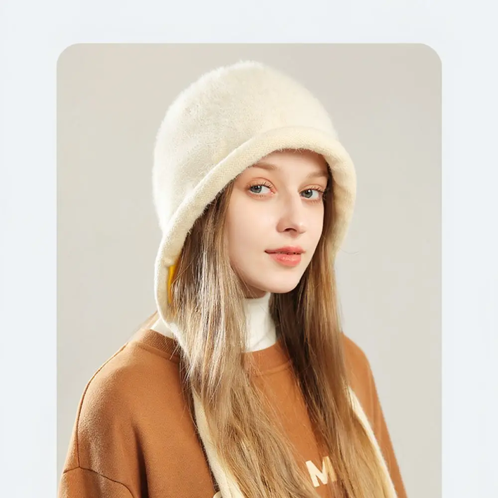 Soft Faux Mink Velvet Knit Hat Female Winter Warm Ear Protector Thickened Beanie Fashion Elegant Headwear Cap