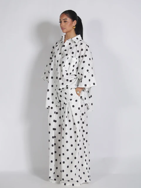 Conjunto de 2 Piezas Layr: Camisa Holgada con Estampado de Lunares y Pantalones Anchos, Traje Casual para Mujer, Transpirable, para Oficina o Uso Diario 2026