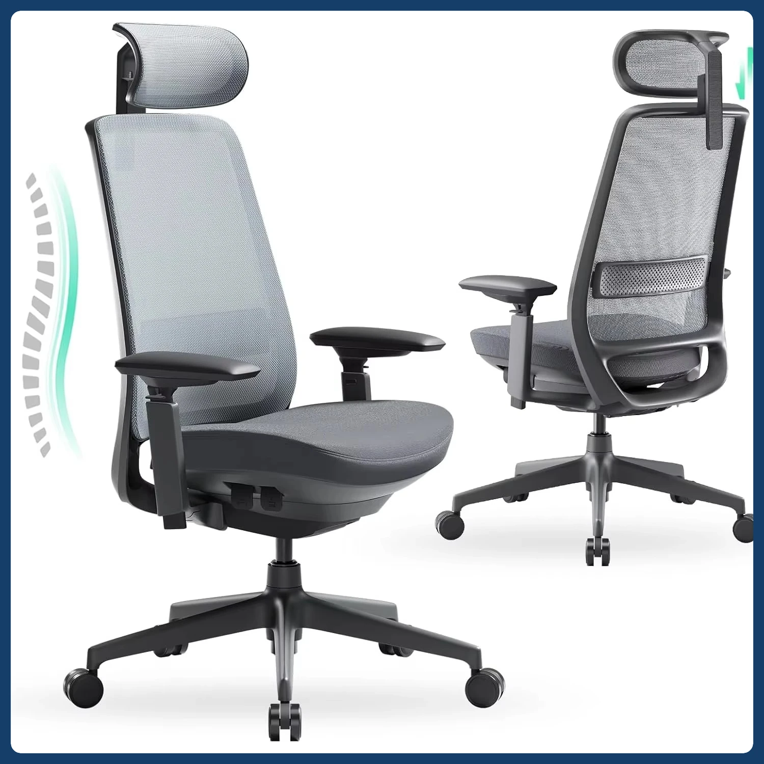 Ergonomic Office Chair, High Back Executive Desk Chair with Adjustable Lumbar Support & Headrest, 4D Arms