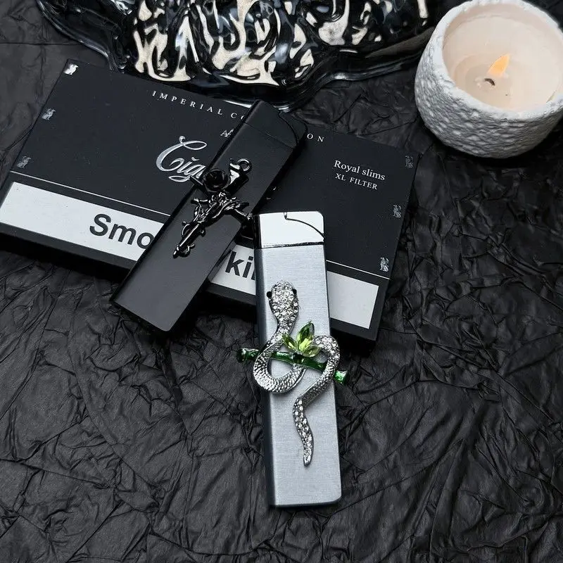Stylish Metal Lighter: Viper/Black Rose Design Windproof Green Flame Refillable Butane Lighter Windproof Cigarette Lighters