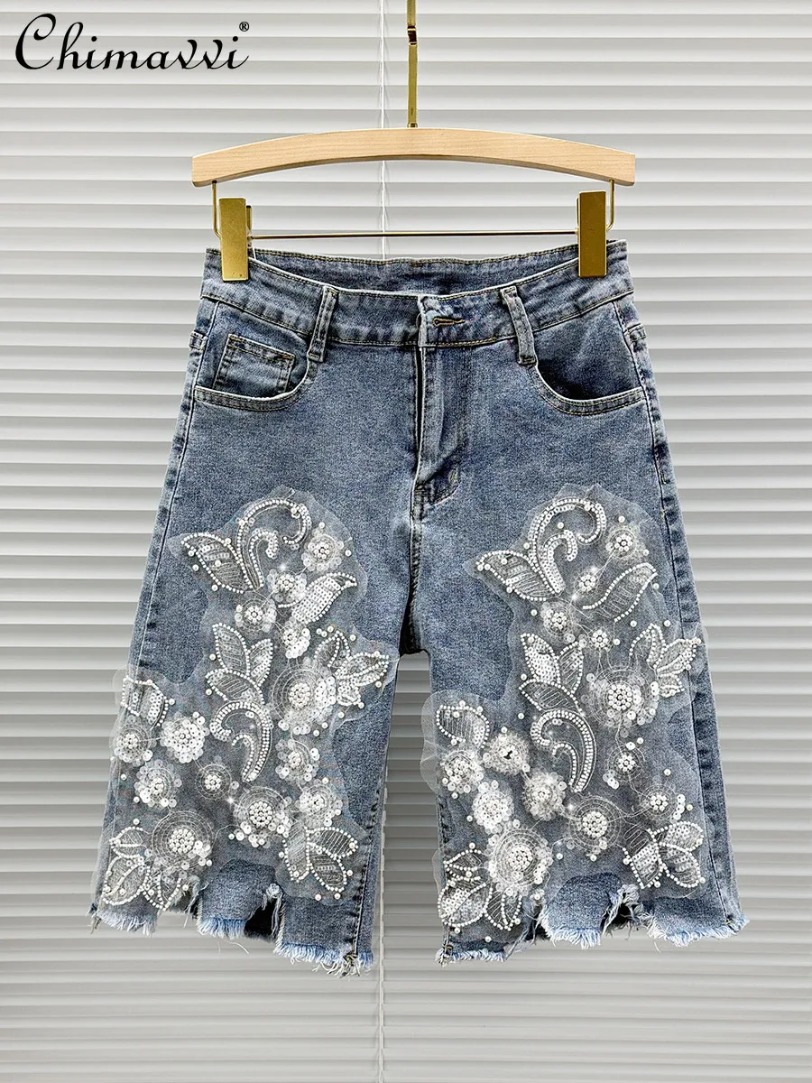 

Fashion Mesh Beaded Denim Shorts Women's 2026 Summer Clothes New High Waist Slimming Look Straight-leg Half Length Pants
