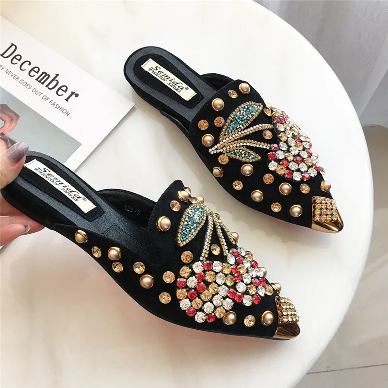 2025 New Shoes for Women Luxury Slipper Girl Rhinestone Cherry Rivet Casual Flat Sandals Girl Heels Pointed Toe Slides