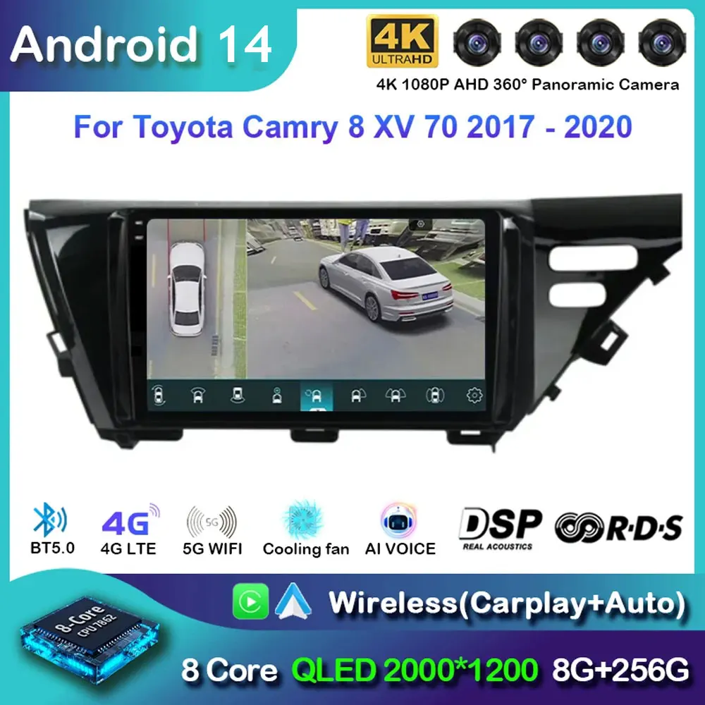 Android 14 For Toyota Camry 8 XV 70 2017 2018 2019 2020 QLED Car Player With Knob GPS Stereo Radio 2Din All in one WIFI 4G DSP