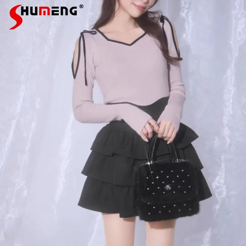 

Women's Clothing Japanese Rojita Style Sweet Cute Three-layer Cake Skirt Black Color Big Swing Skirts Harajuku Clothes Female