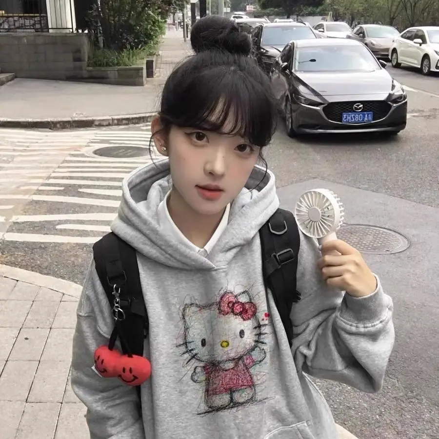 سترة سانريو هالو كيتي بغطاء للرأس بأكمام طويلة للفتيات والخريف والشتاء، سترة كارتونية من القطن الخالص كوالي للطلاب والكلية #2