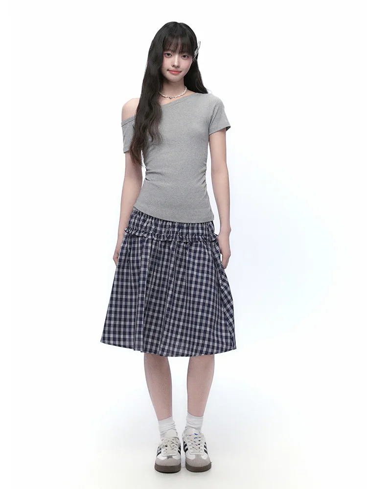 

Синяя клетчатая юбка А-силуэта с высокой талией, хлопковая, для весны и лета, модная, для повседневной носки, женская юбка