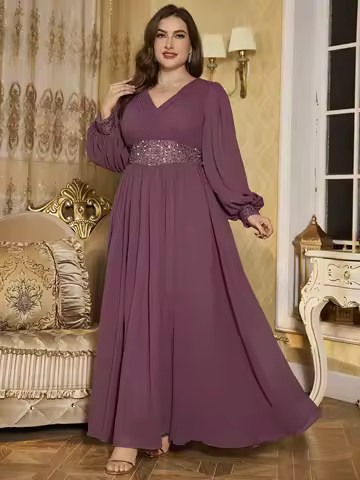 UNITHORSE V-Neck Long Sleeve Chiffon Dress Waistline Pleated Lantern Sleeve Decorated Bead Strip Long Gown Evening Dress