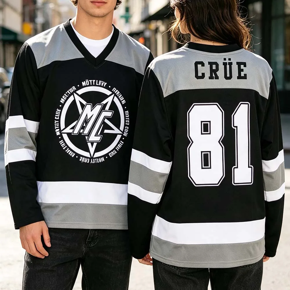 Motley Crue CRÜE 81 Hockey Jersey V-neck Long Sleeve Unisex Streetwear Top Summer Fashion Design Print T-shirt Men Women Clothes