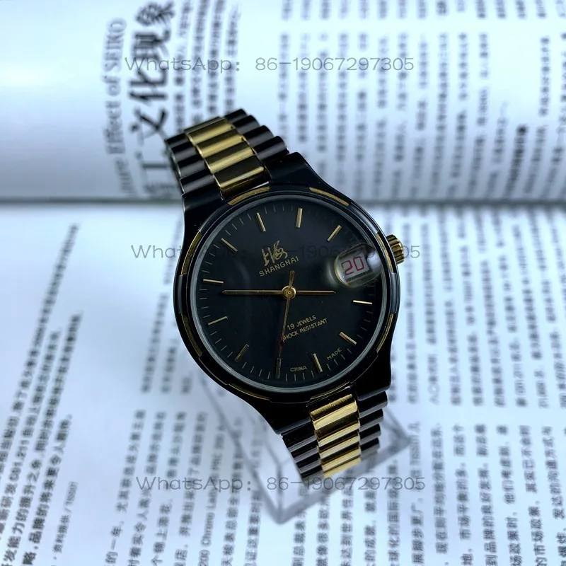 

24-Hour Shipping Shanghai Card Order Black Shell Single Calendar Room Gold Steel Belt Manual Mechanical Watch Diameter 37mm