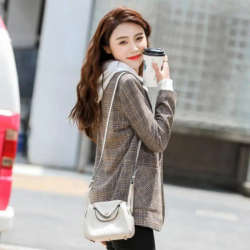 Spring Autumn Plaid Blazer Jacket Ladies Korean Style Office Slim Long Sleeve Pocket Jacket Casual Traf Ropa Mujer Blazer Women