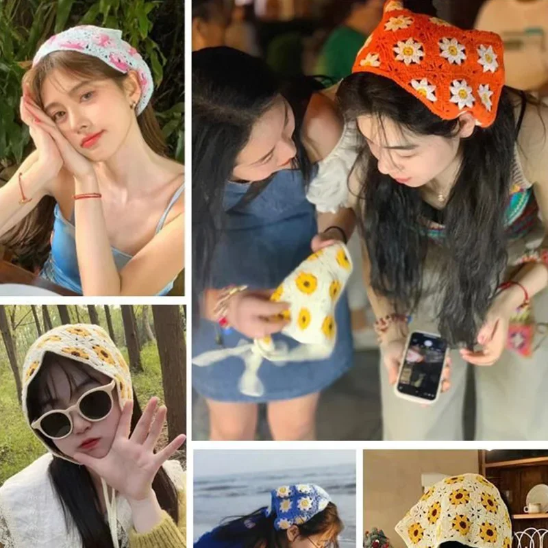 Korean Sweet Cute Handmade Crochet Hollow Triangle Headband Towel Women Spring and Summer Travel Literary Photo Hair Scarf image 4