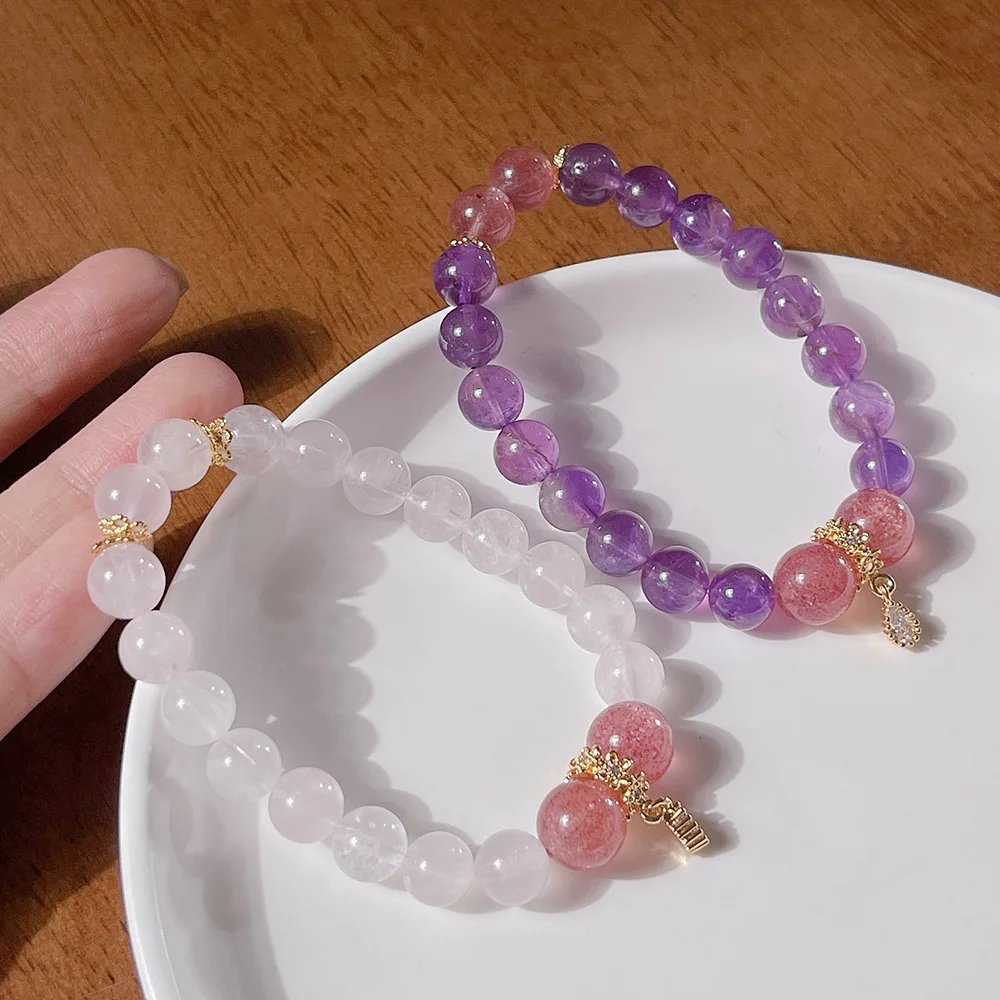 

Простой женский браслет из натурального аметиста, элегантный и высококачественный, нишевый дизайн, розовый браслет из бисера, ювелирные изделия из клубничного кварца