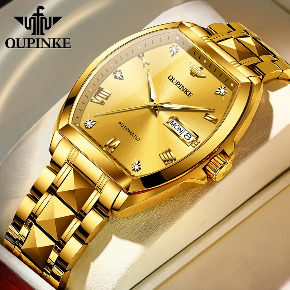 OUPINKE 3200 Gold Luxury Brand Tonneau Mens Automatic Mechanical Wrist Watch For man Tungsten Steel Strap Waterproof Date Week