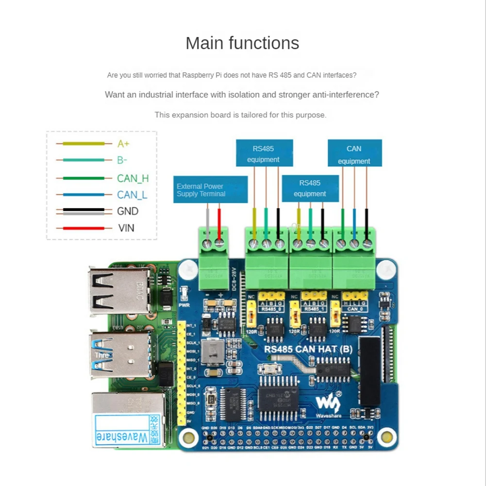 Waveshare RS485 CAN HAT RS485 CAN Expansion Board for Raspberry Pi Allows Stable Long-Distance Communication Via RS485/CAN