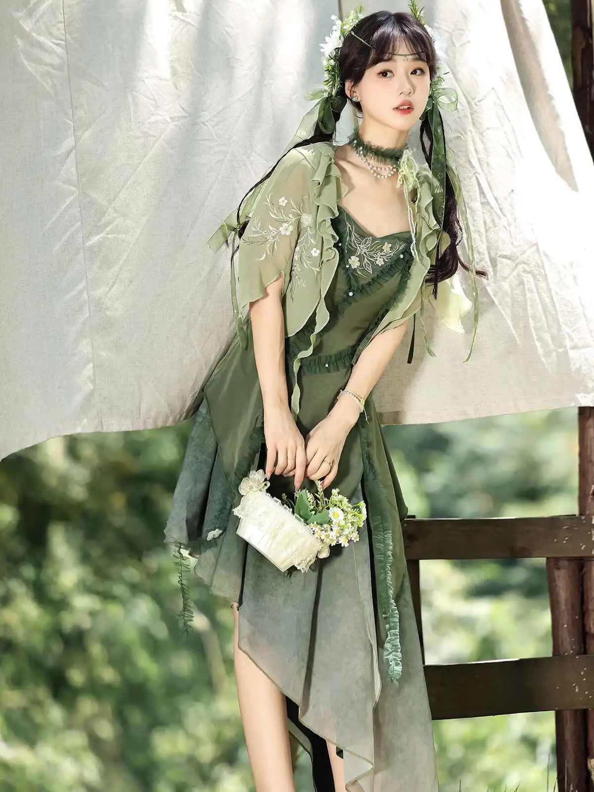 

New Chinese Style Fiesta Carnival Halloween Cos Cosplay Dress Women Summer Green Seaside Vacationing Guofeng Suspender Dress