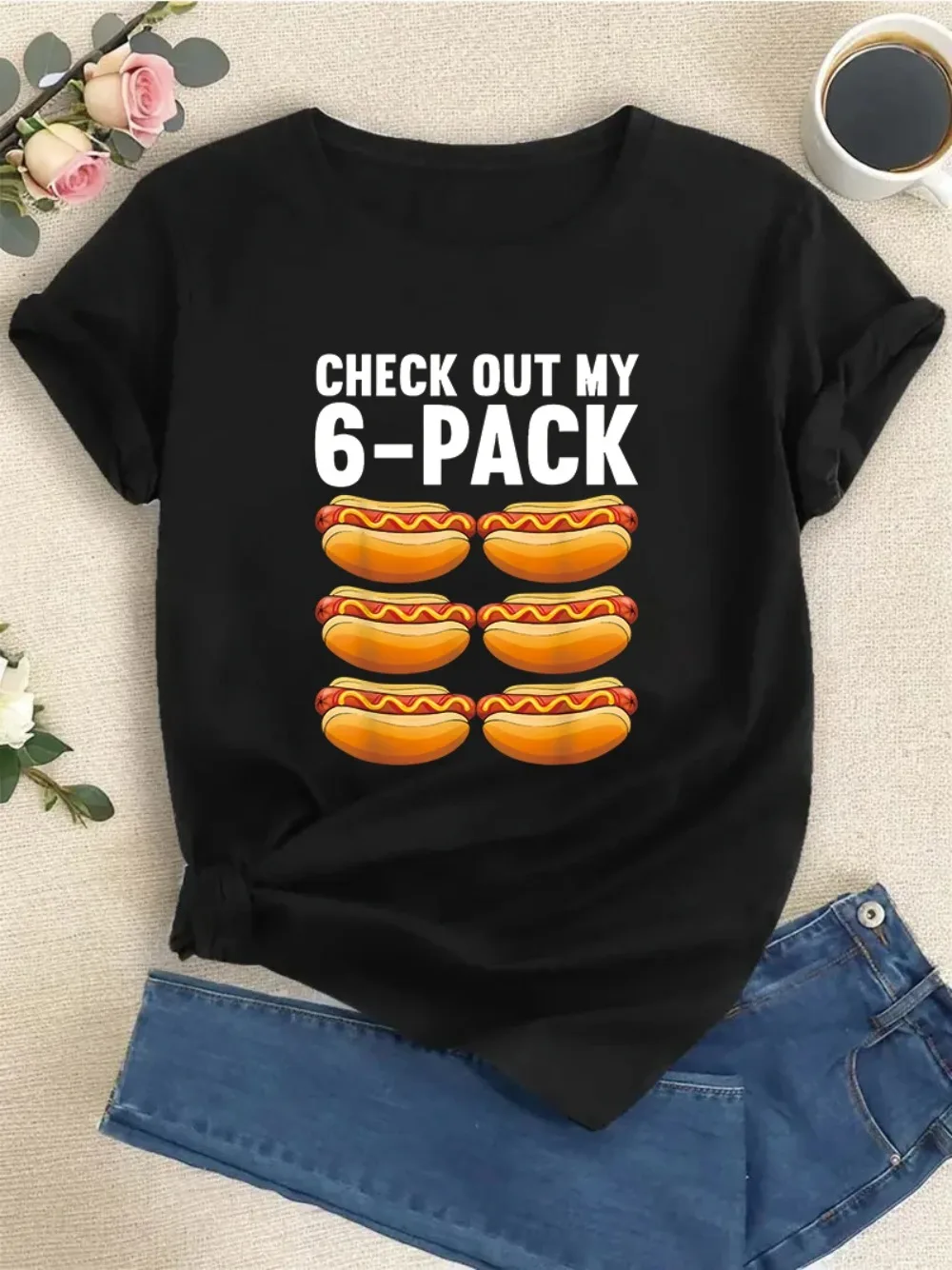 Women's T-shirt Check Out My 6 Pack Hot Dog Funny Gift Hot Dogs Lovers Gym O-Neck Tops Vintage Casual Clothes Tees Short Sleeve