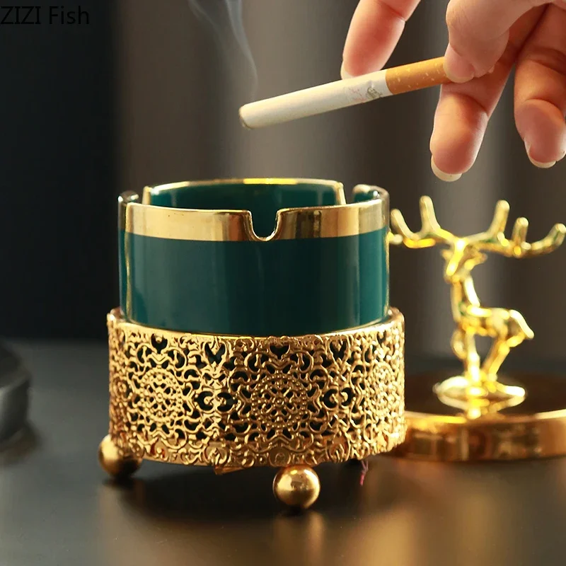 Luxury Deer Golden Hollow Lace Ashtray with Lid Decoration Living Room Elk Gold Frame Emerald Ceramic Ashtray Gift for Boyfriend