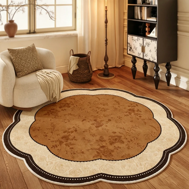 Round Living Room Carpet Stain-resistant Wear-resistant Floor Mat Vintage Green Floral Pattern Rug Large Size Home Decor Rugs