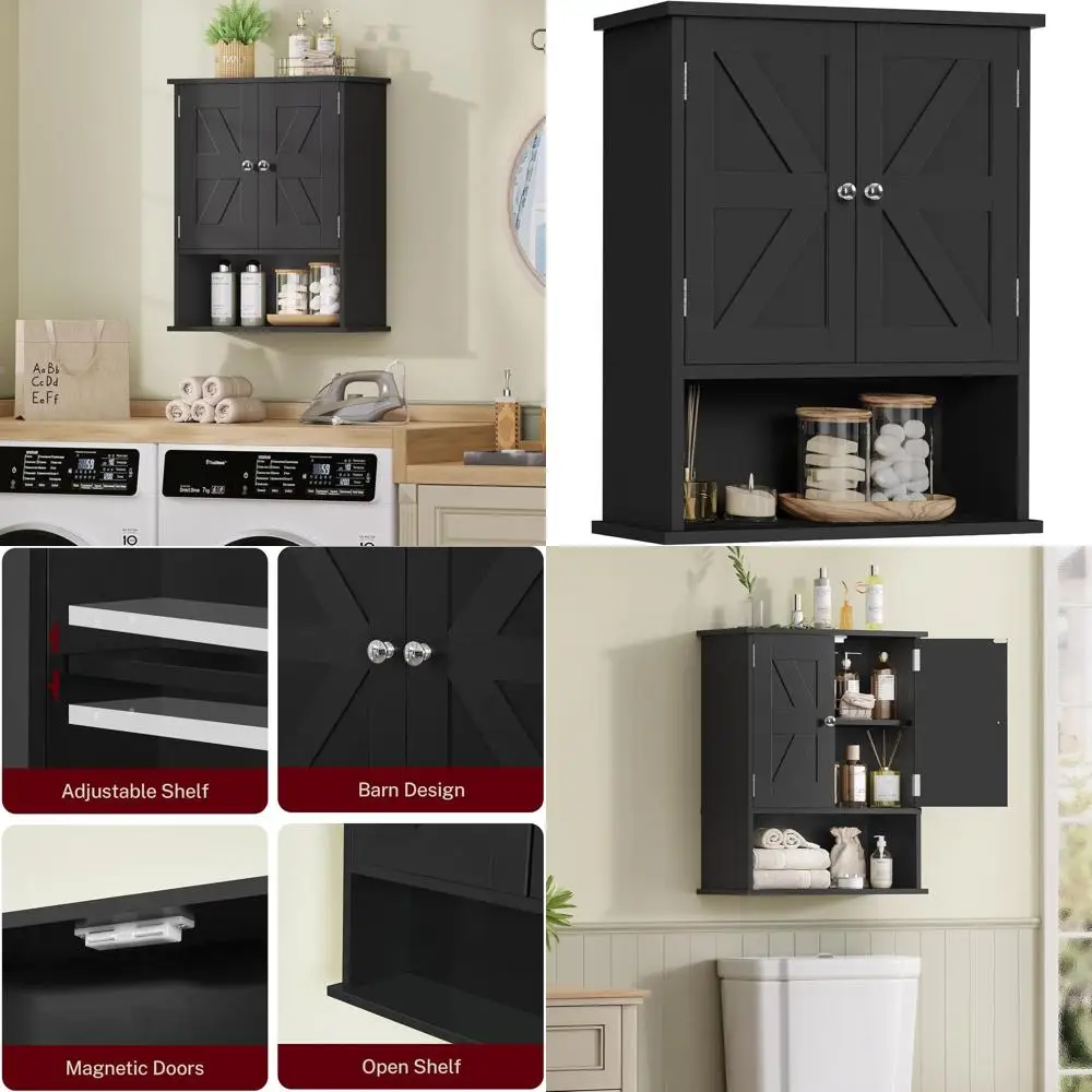 

Компактный шкаф для хранения над унитазом с раздвижными дверцами и регулируемой полкой, черный