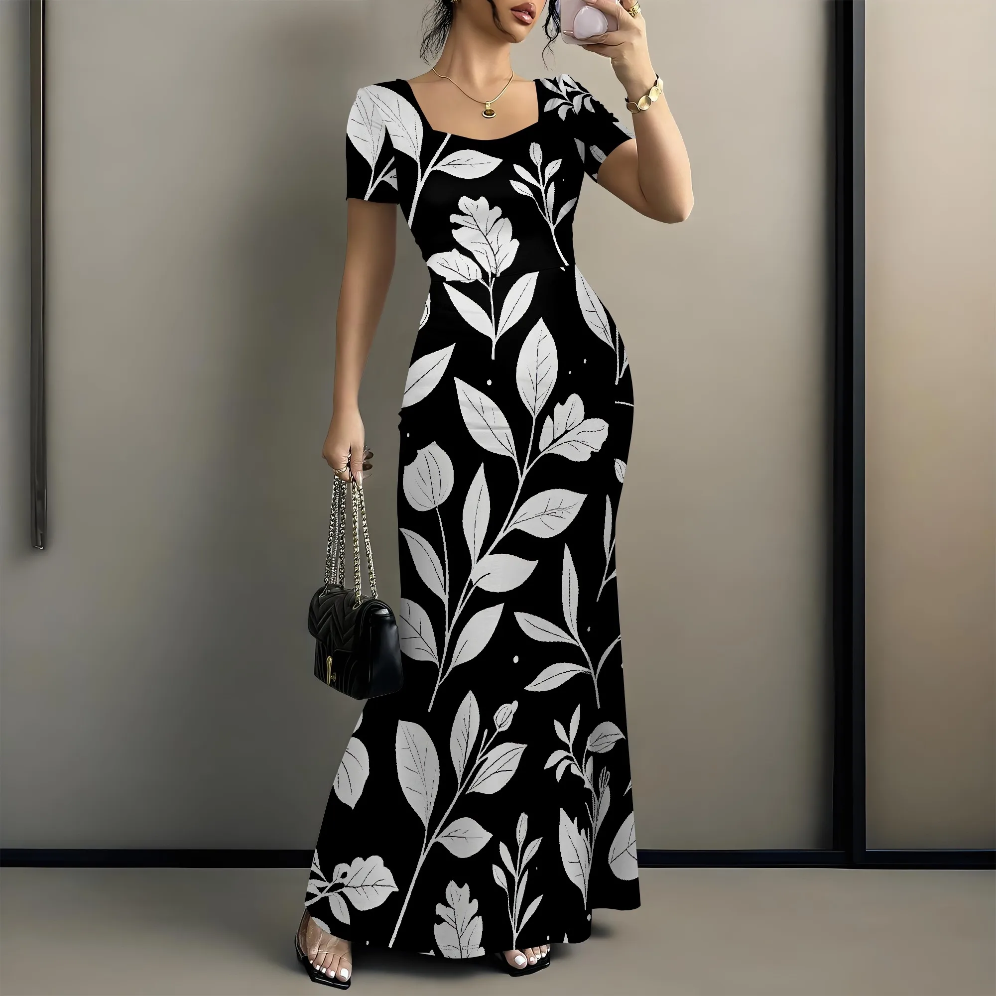 Abito lungo aderente da donna - Abiti attillati aderenti aderenti da festa midi a maniche corte casual estivi