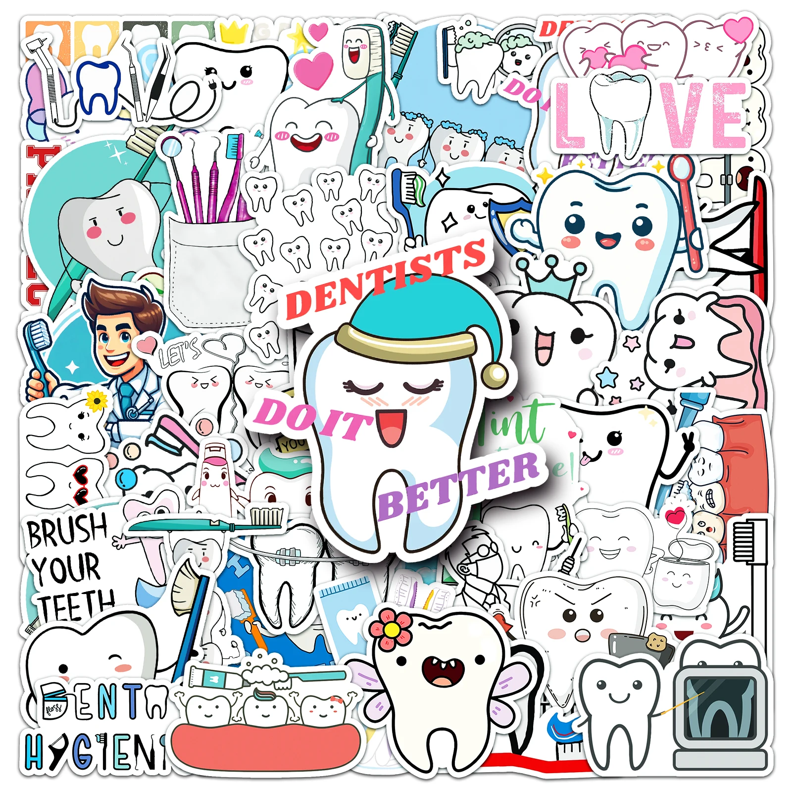 50 Stuks Tanden Bescherming Serie Cartoon Schattige Waterdichte Sticker Skateboarden Snowboard Retro Vinyl Sticker