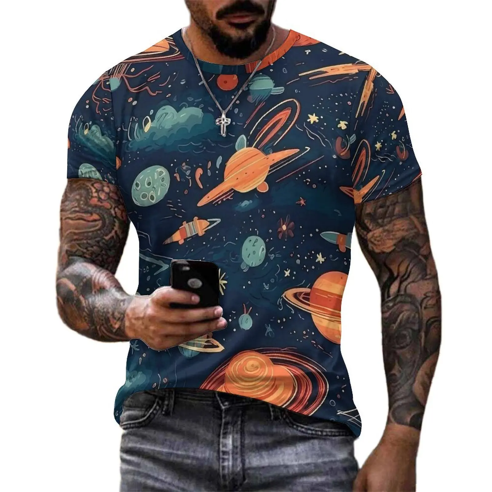 Space Sketch T-Shirt For Men Cute Planets Stars Design O Neck T Shirts Summer Trendy Clothes Short-Sleeve Plus Size Tee Shirt