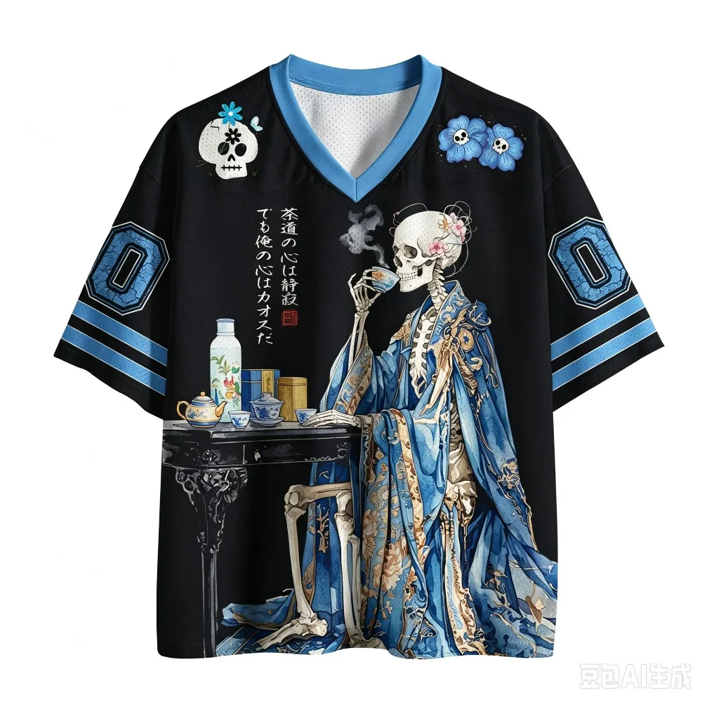 Japanese-style Retro Skull Tea-drinking 3D Print Sports Quick-dry Men Women Vneck Loose Tshirt Fashionable Street Parental Cloth