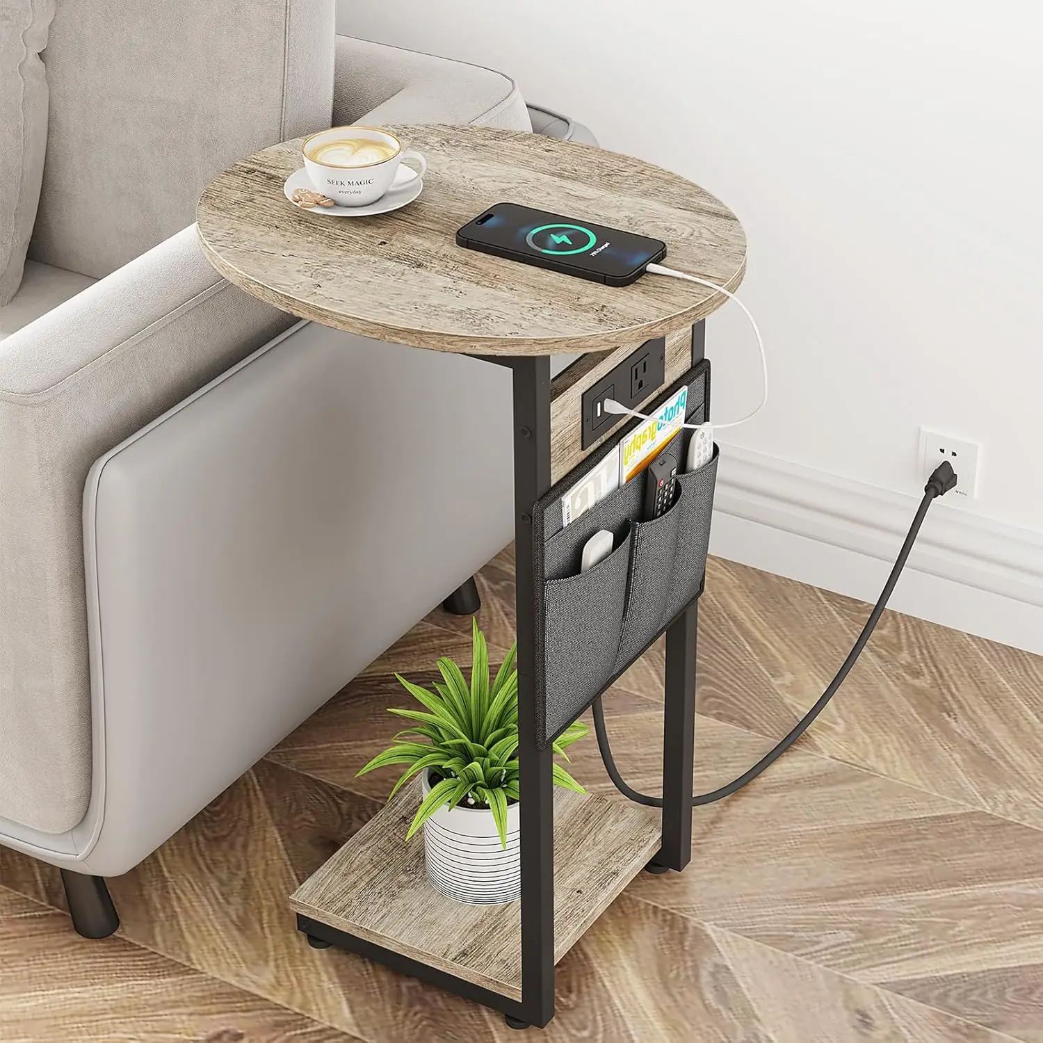 

C Shaped End Table with Charging Station, Small Side Table for Couch, Slide Under Sofa Table for Living Room Bedroom, Ro