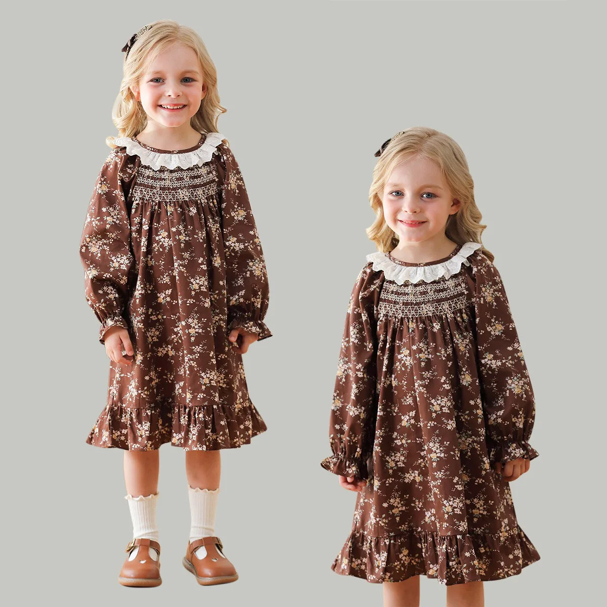 French Style Baby Girl Casual Dresses Vintage Lace Ruffle Collar Autumn Clothing Children Princess Dress Long Sleeve Kids Dress