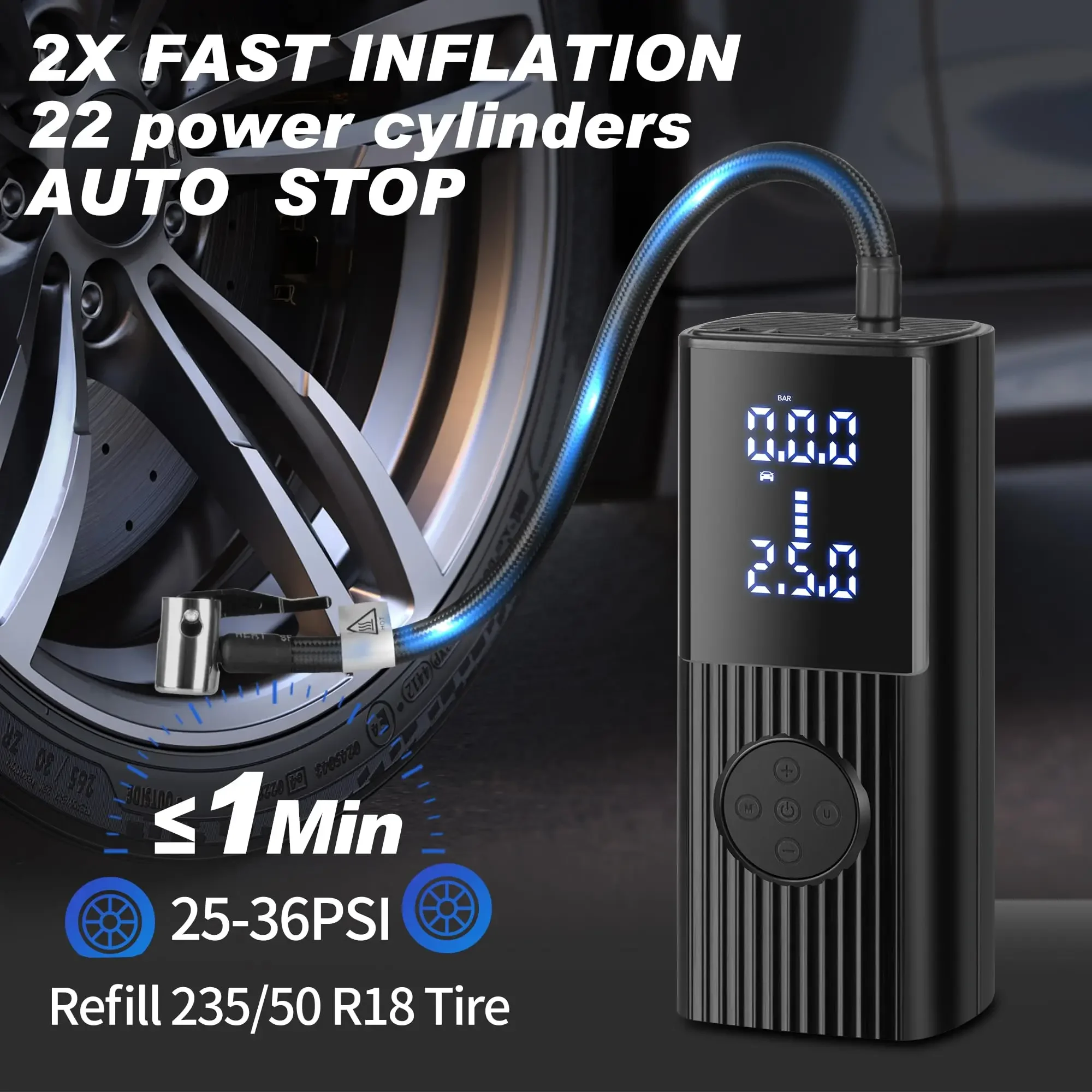 

Portable Tire Inflator With 20000mAh Power - 50L/Min Car Air Pump And Electric Compressor