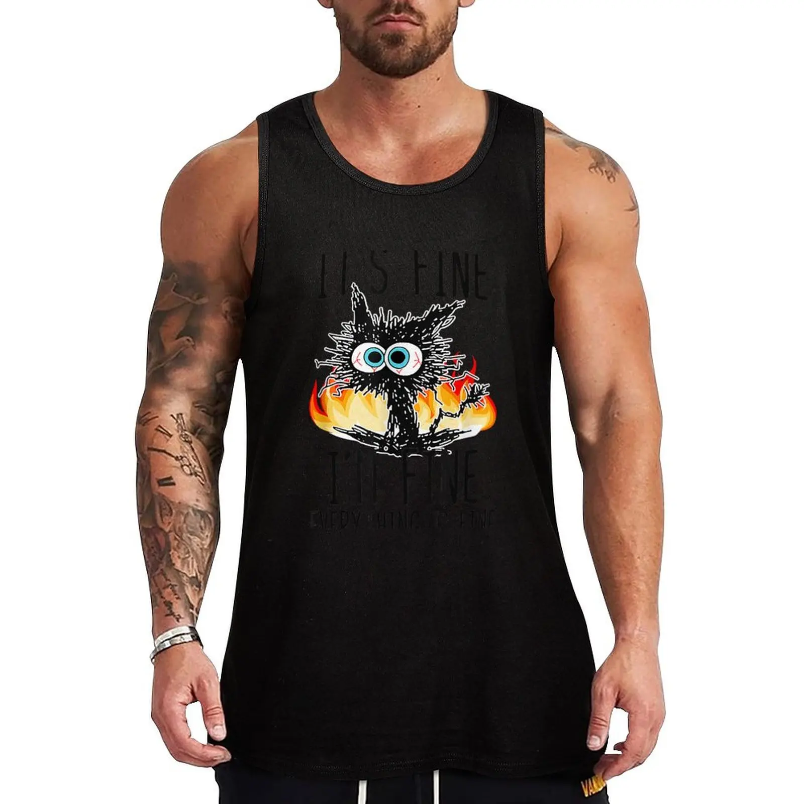 It's Fine I'm Fine Everything Is Fine Funny Cat Tank Top Men's tops gym clothes men t-shirt for man