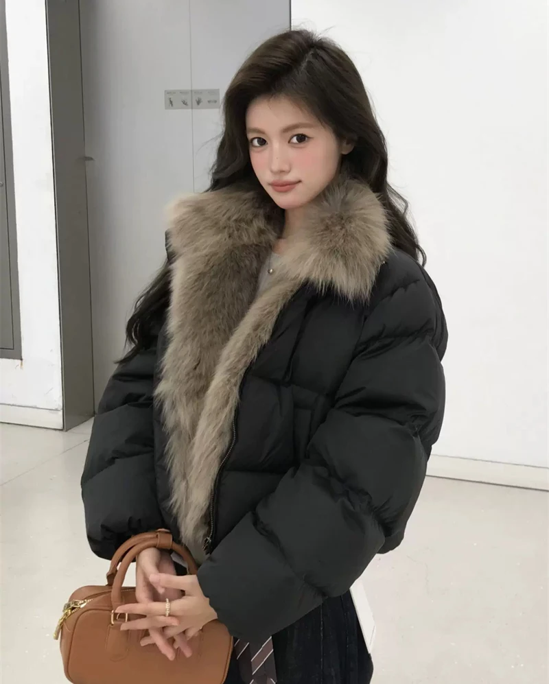 ZAROY Women's Winter Jacket Luxury Fox Fur Collar Puffy Thicken Warm Cotton Short Coat High Street Fashion Outwear Parkas куртка