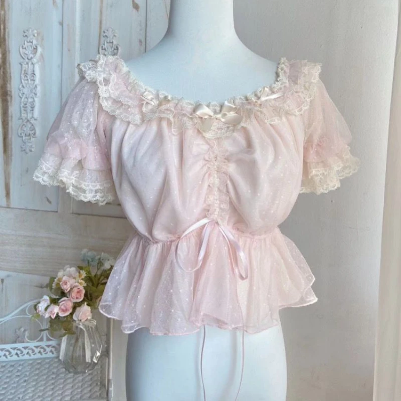 Summer Vintage Elegant Lolita Blouse Women Kawaii Ruffles O-Neck Bow Lace Slim Bandage Top Japanese Puff Sleeves Princess Shirts