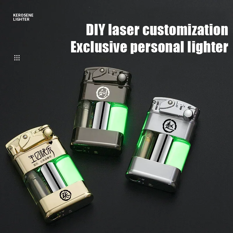 HOT Metal Rocker Arm Luminous Quicksand Windproof Butane Gas Lighter Transparent Oil Tank LED Light Green Flame Lighters Smoking
